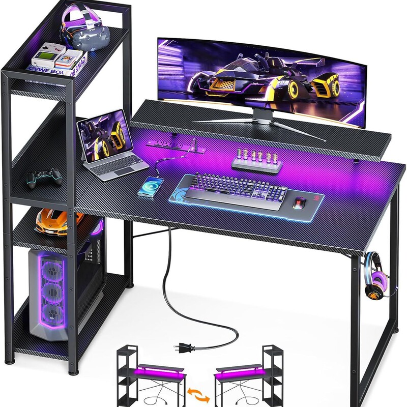 Double Sided Gaming Desk Led Light with Storage Shelf and Monitor Stand Computer Desk,Writing Desk for Home Office