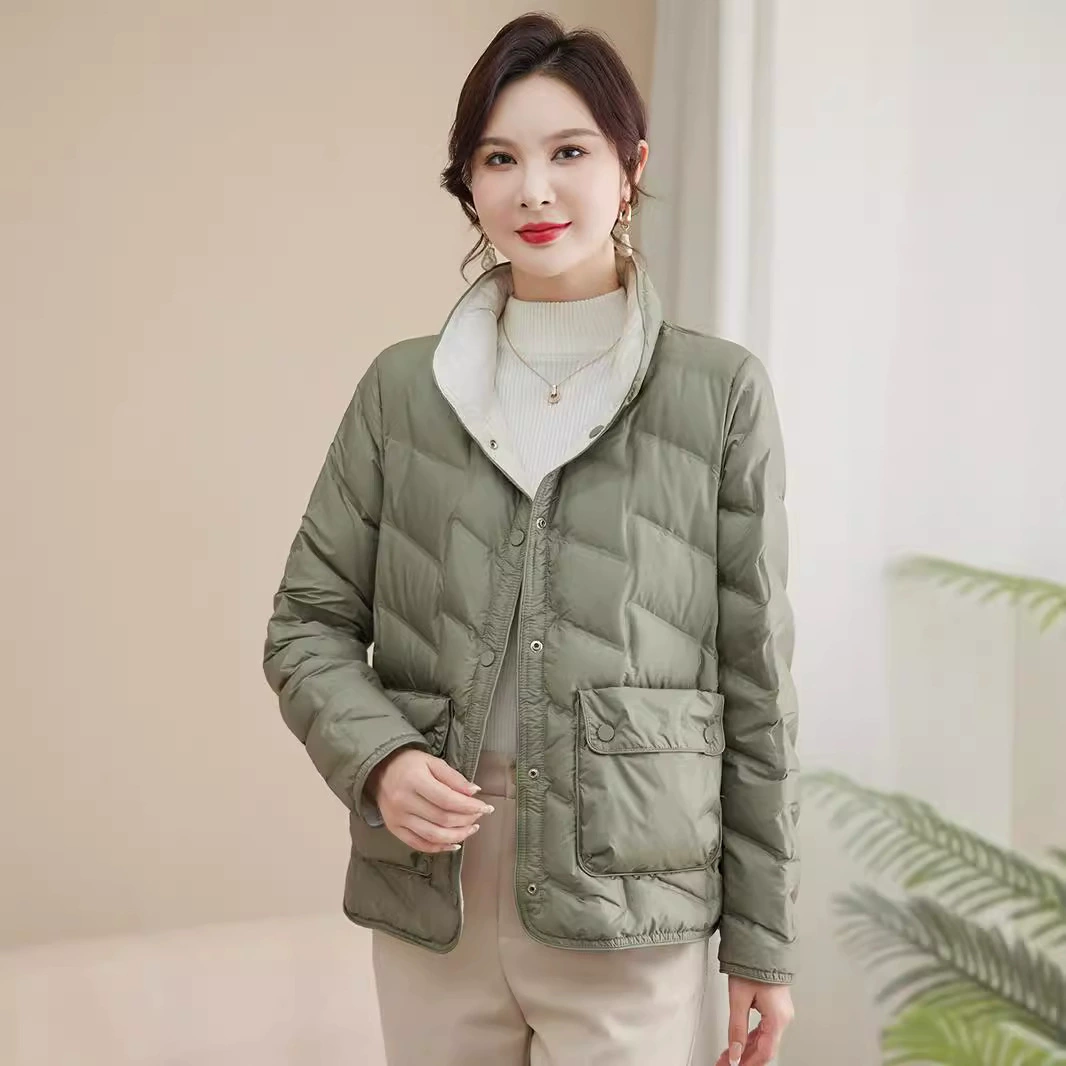 Трансграничный осенний и зимний новый модный воротник с коротким уплотнением белый утиный бархат тонкий теплый пуховик женский куртка с обеих сторон