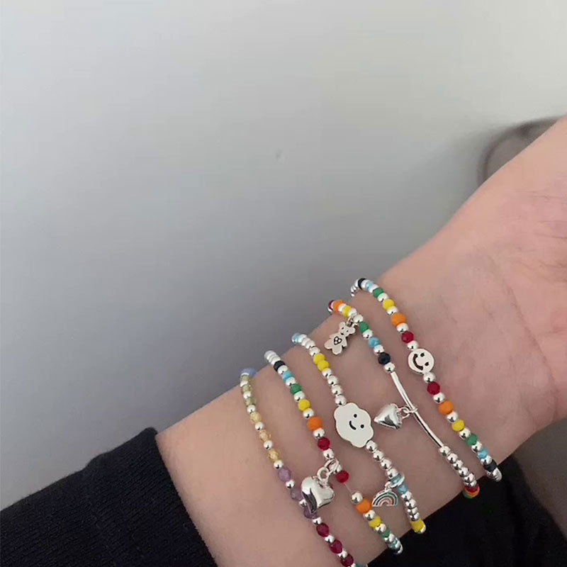 K-Style of S925 Silver-Plated Rainbow Ball Bracelet for Women, Fashionable Literary Ins Cloud Heart Bear Bracelet Bracelet