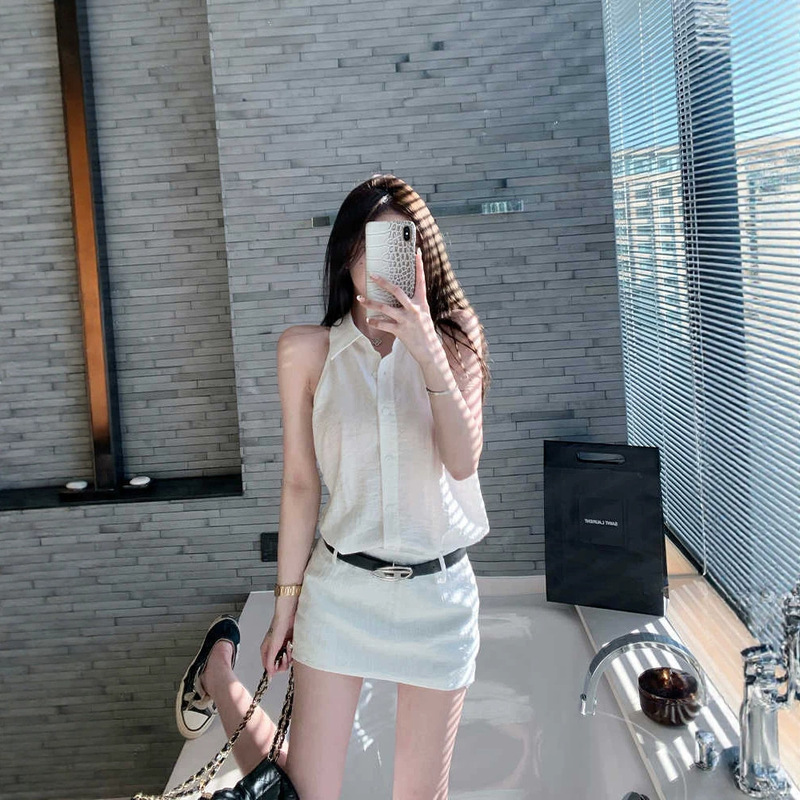 Off-White Polo White Shirt Dress for Women, Summer High-End Unique and Beautiful Waist-Cinching Sleeveless Dress Off-White Polo White Shirt Dress for Women, Summer High-End Unique and Beautiful Waist-Cinching Sleeveless Dress