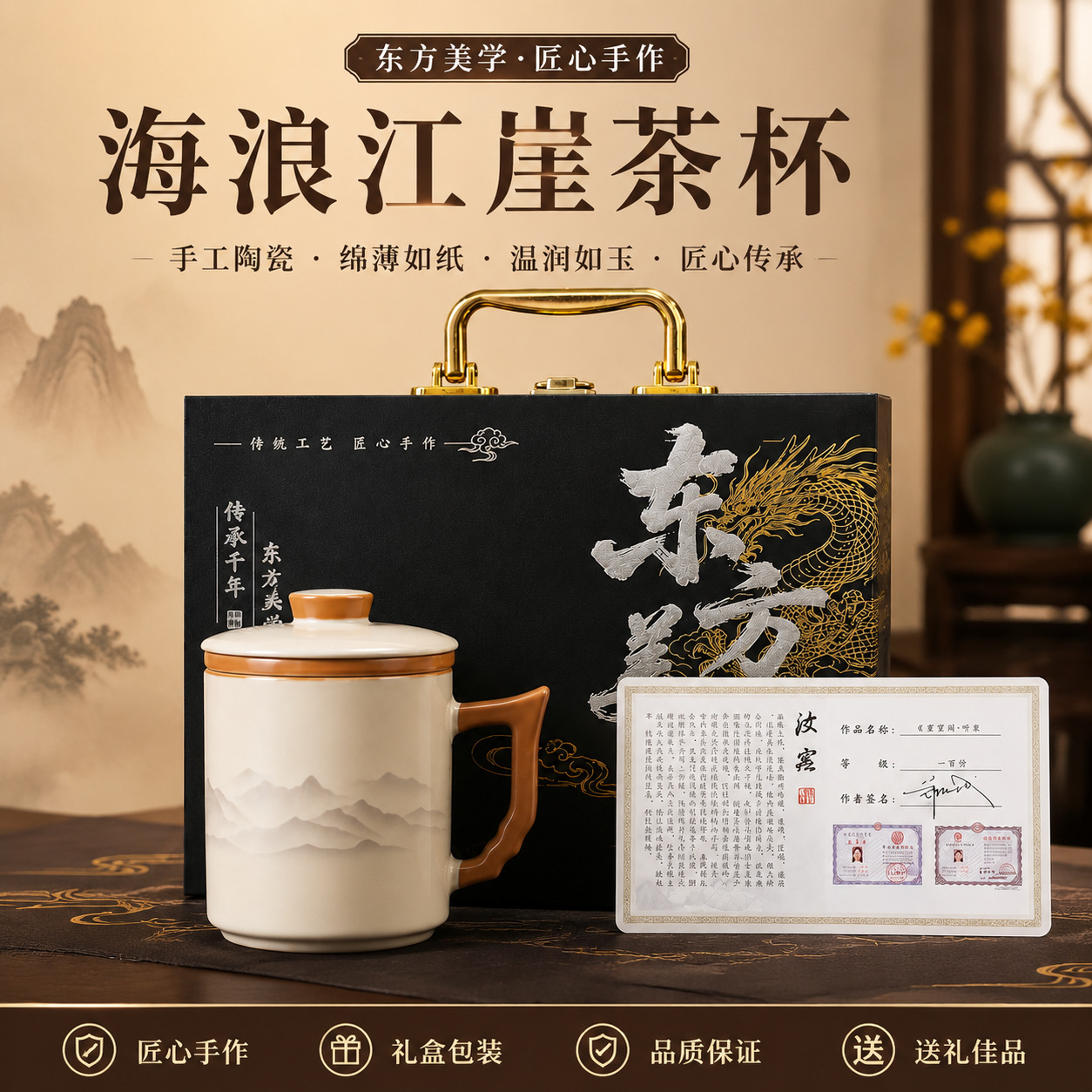 Guochao Ru Kiln Yanshan Tea Cup with Lid Personal Cup Office Cup Water Cup Three-Piece Set Ceramic Business Gift Souvenir