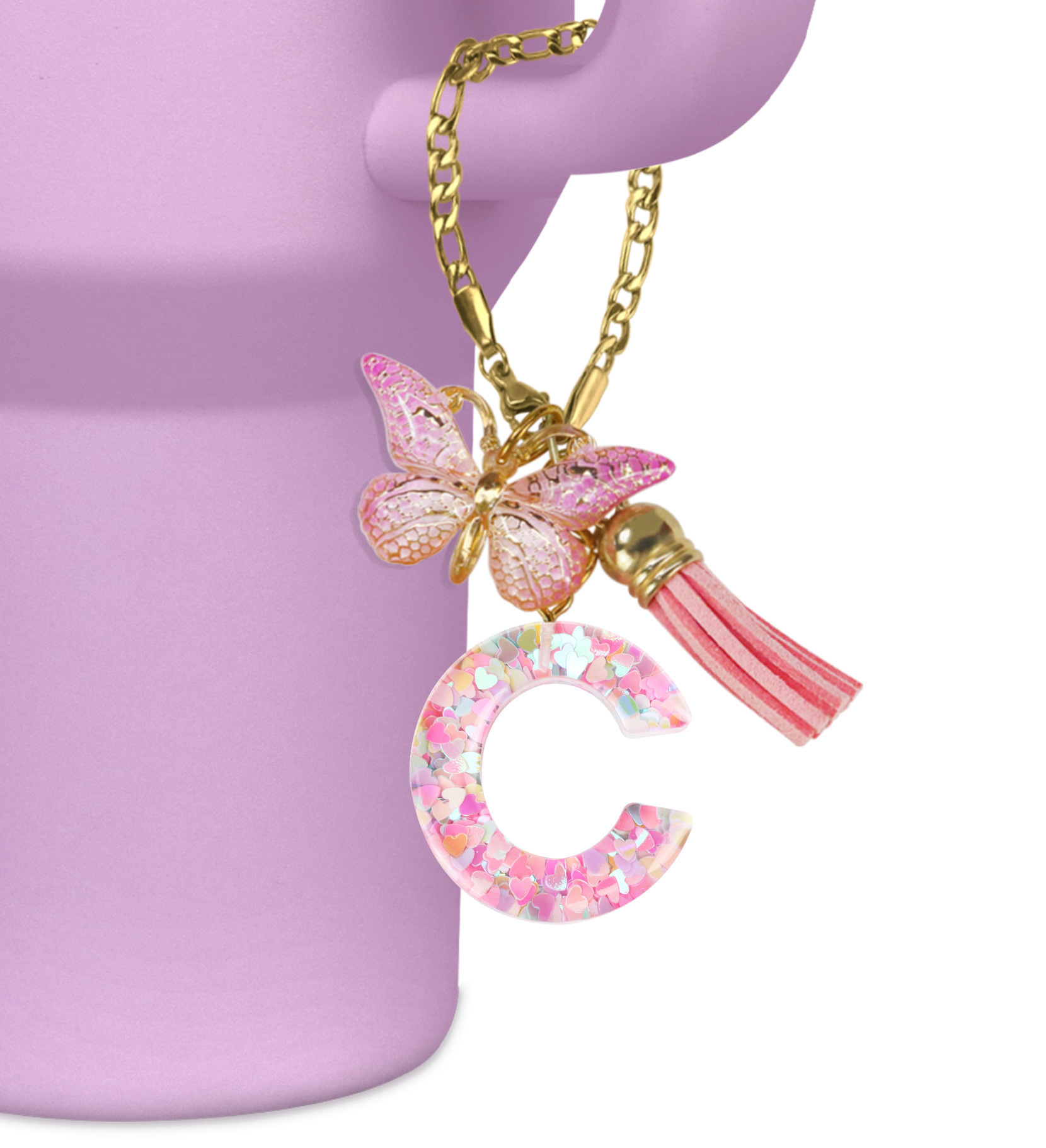 Copa Stanley europea y americana, colgante de letras de diamantes, vaso, cadena de taza de botella, bola de cristal, accesorios de llavero de letras en inglés