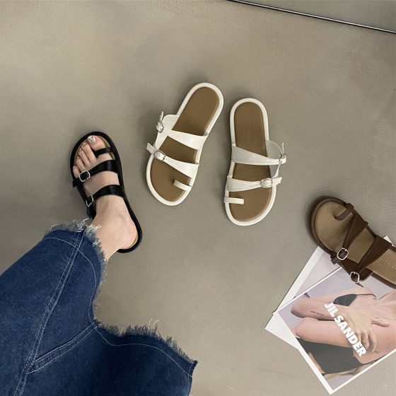 Set Toe Slippers Women's Summer Outer Wear 2025 New Korean Style Fairy Style Retro Slippers Women's Flat Roman Beach Shoes
