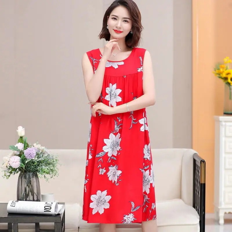 棉绸睡裙睡衣女夏款宽松大码中长款裙子人造棉家居服无袖连衣裙|undefined