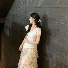 重工韓系拼接網紗仙女大擺蓬蓬長款蛋糕印花法式蕾絲半身裙半身