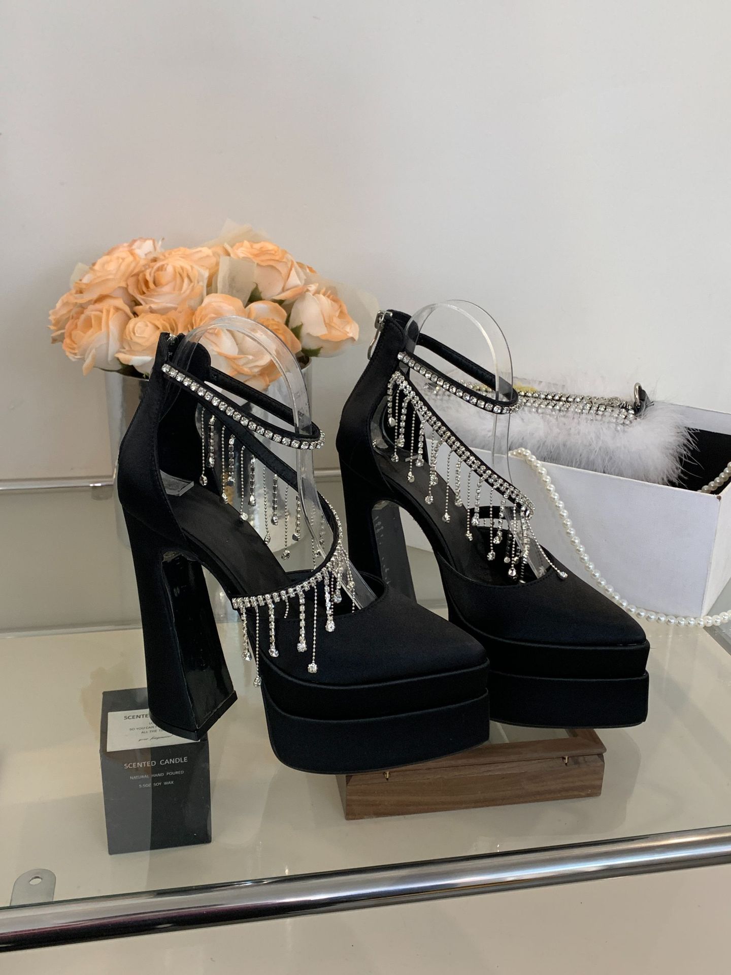 Sandal cao gót mũi nhọn đính đá lấp lánh gót 15 cm — Màu đen chi tiết 4