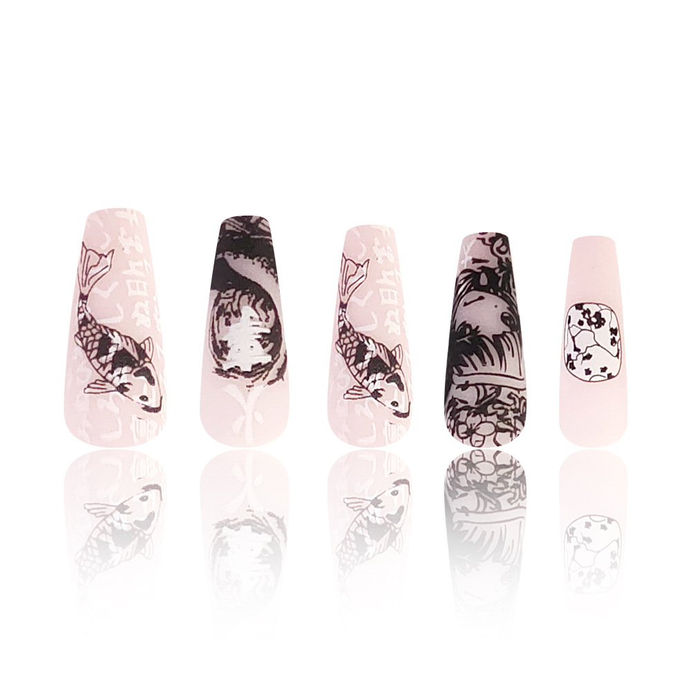 Europa y los Estados Unidos largo venta caliente desgaste de uñas ondas de graffiti koi girl nail patch transfronterizo explosión parche de uñas falsas