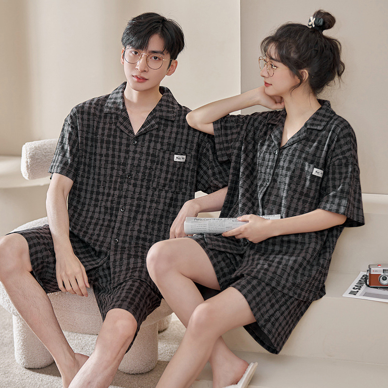 2023 nueva pareja de verano pijamas de manga corta pantalones cortos coreano casual Plaid color sólido desgaste del hogar traje de las mujeres