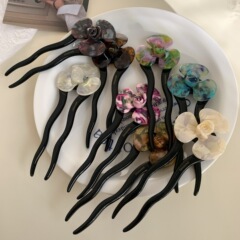 高級感精致幻彩酢酸花団子髪かんざしデザイン感U波かんざし新作女性