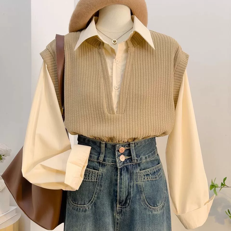 Новая корейская версия свободной рубашки с воротником весной