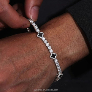 All-match sterling silver 3mm-5mm black agate four-leaf clover moissanite tennis chain bracelet simple light luxury niche jewelry
