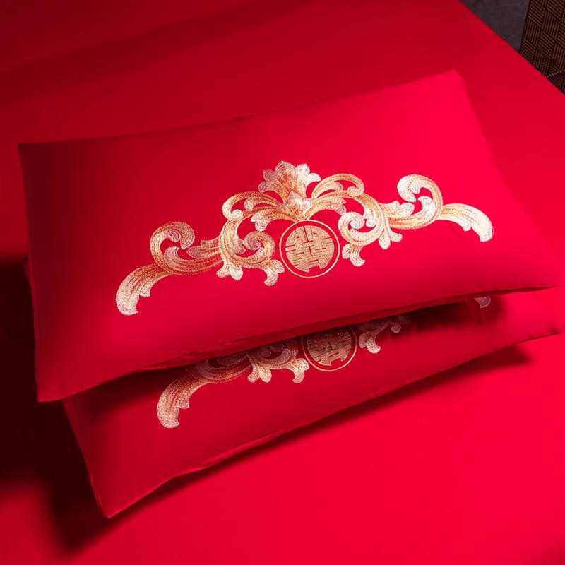 algodón molido de alta gama, bordado de bodas, algodón puro, cuatro piezas, ropa de cama de boda roja, lujo ligero