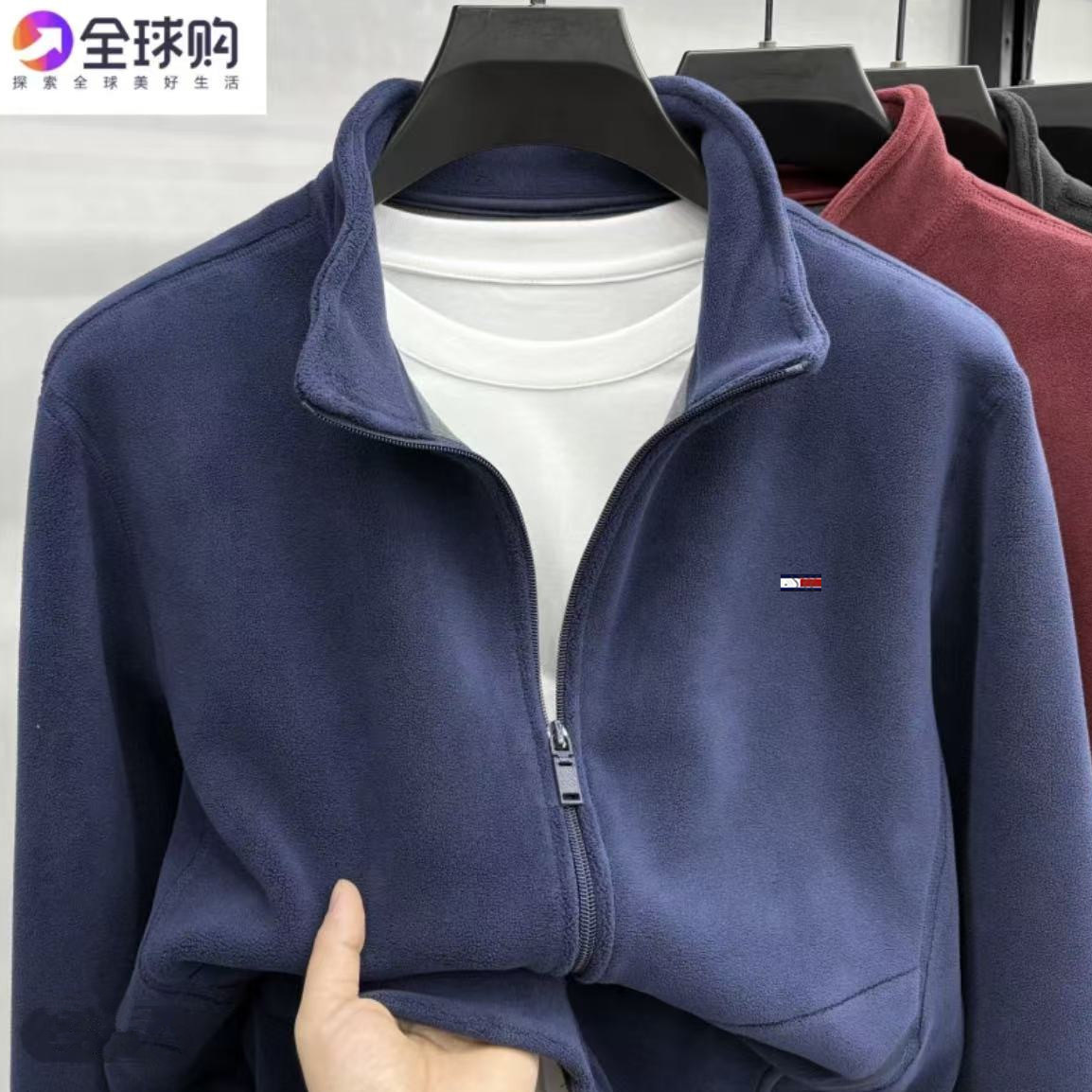 Authentic Tommy fleece men's jacket, high-grade double-sided fleece, warm stand-up collar, men's casual fleece-lined sweatshirt, winter.