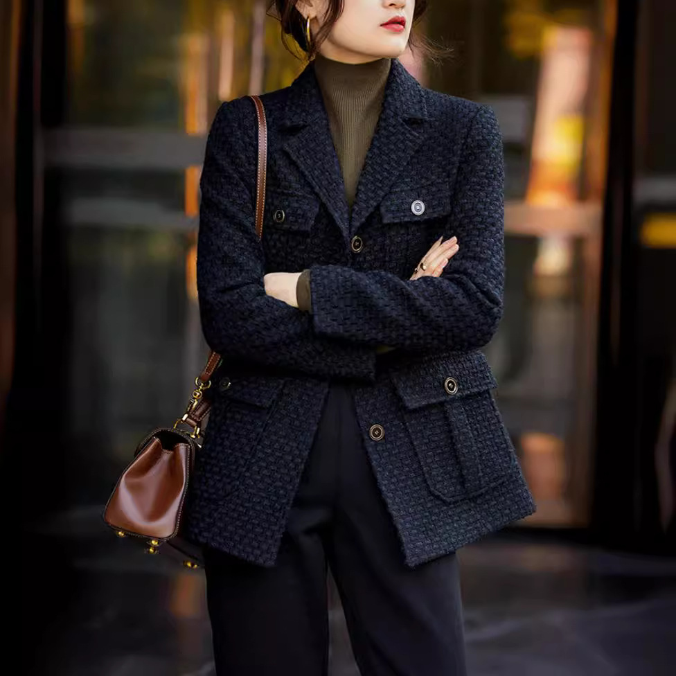 Foreign Style Elegant Chic Craft Slim Fit Slimming Casual All-match Small Fragrant Texture Wool Suit Jacket for Women
