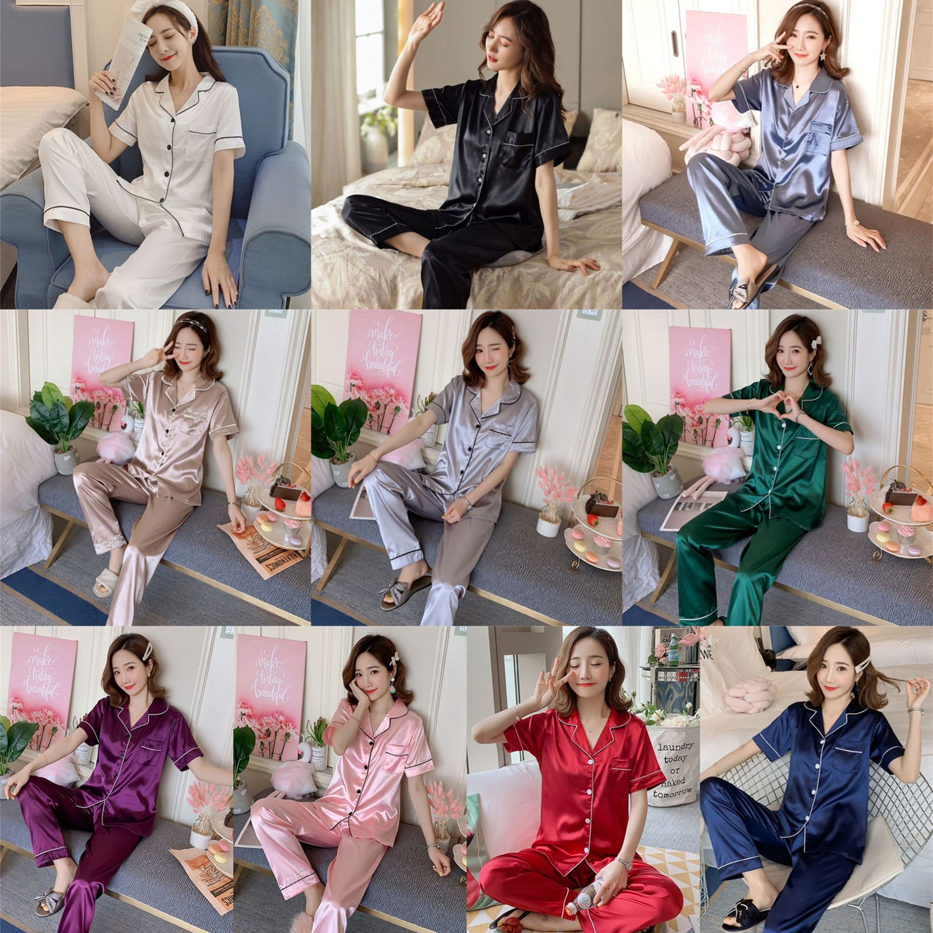 Pijamas de seda artificial Otoño de las mujeres de manga larga de seda de hielo de dos piezas de estilo coreano casual cardigan pijamas de seda se pueden usar fuera de casa