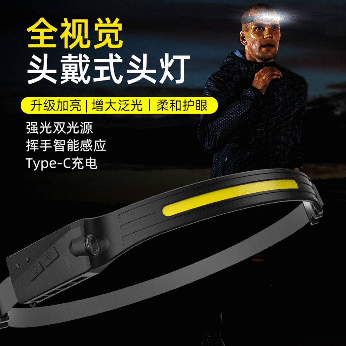 Linterna Frontal COB con Sensor de Movimiento, Luz de Ciclismo para Exteriores, Recargable por USB, Luz Nocturna para Correr, Luz LED de Alta Potencia