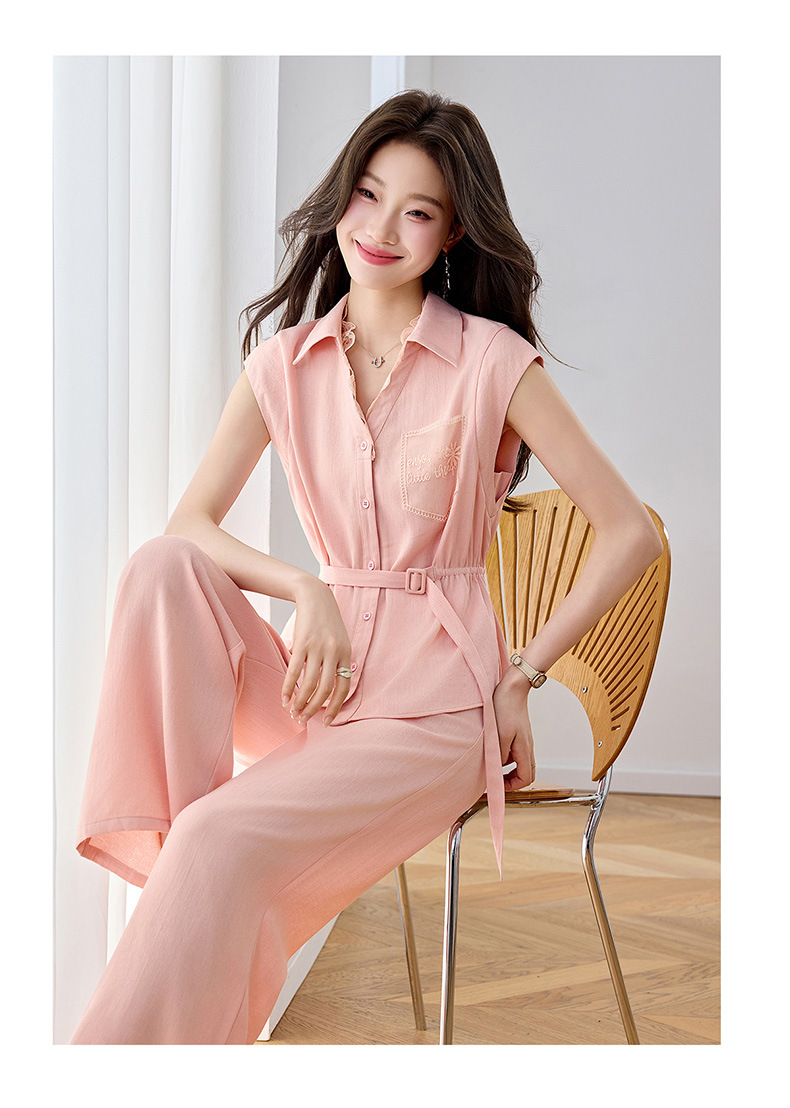 Bộ quần áo nữ mùa hè cao cấp gồm áo sơ mi dây rút và quần ống rộng — Xám gạo, Màu hồng chi tiết 13
