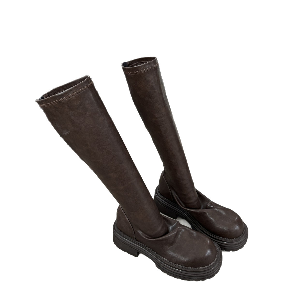 Nuevo estilo de otoño e invierno, botas de media pantorrilla con tacón grueso, punta redonda, plisadas y elásticas, botas de montar para mujer.