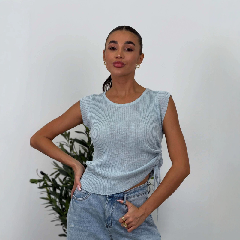 Fashionable Round Neck Ribbed Knit Vest for Women, Summer Slim-Fit Elegant Short-Sleeve Solid Color Top, Casual Simple Versatile T-Shirt Fashionable Round Neck Ribbed Knit Vest for Women, Summer Slim-Fit Elegant Short-Sleeve Solid Color Top, Casual Simple Versatile T-Shirt