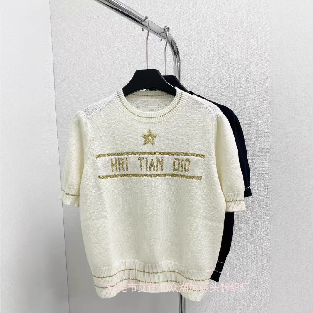 Shenzhen Nanyou 25 Spring and Summer New Classic Small Fragrant Five-Pointed Star Letter Embroidered Short-Sleeved Knitwear for Women