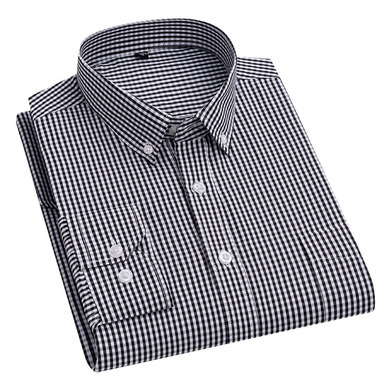 Camisa de manga larga para jóvenes de moda a cuadros pequeños totalmente de algodón, camisa informal ajustada de cuadros pequeños con cuello vuelto urbano de negocios