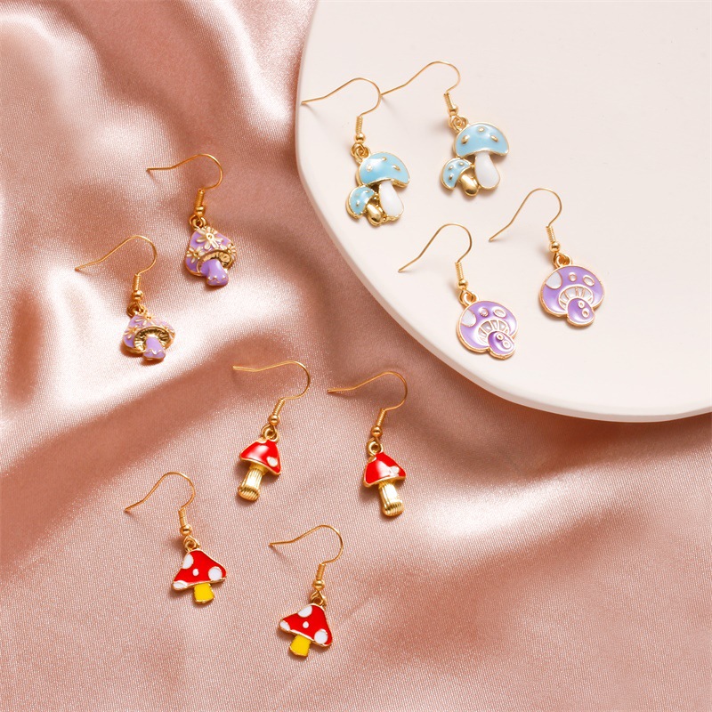 Europe And America Creative Fun Mushroom Earrings For Women Ins Style Cute Colorful Oil Necklace Small Mushroom Earrings Earrings Popular Sale display picture 1