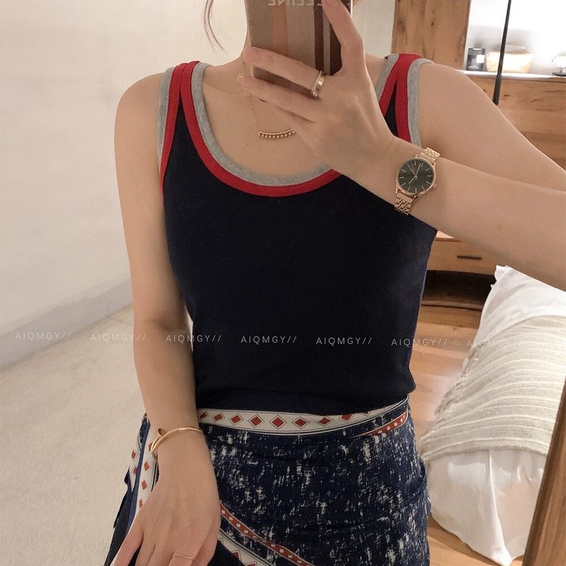 新款撞色拼接吊带背心女修身显瘦百搭无袖U领螺纹棉打底衫背心|undefined