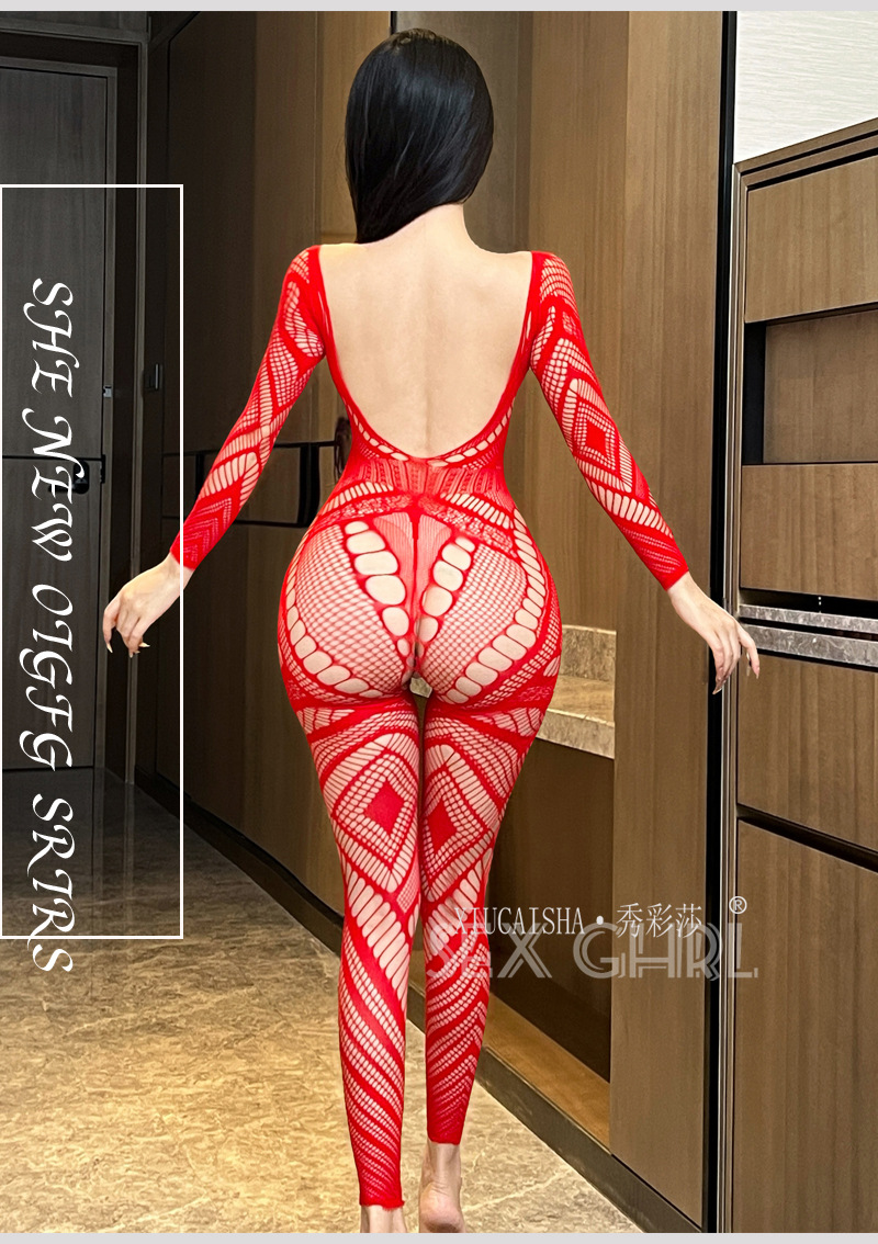 Pure Desire Jacquard Mesh One-Piece Lingerie, Hollow-Out Black Stocking-Style Bodystocking — detail image 5