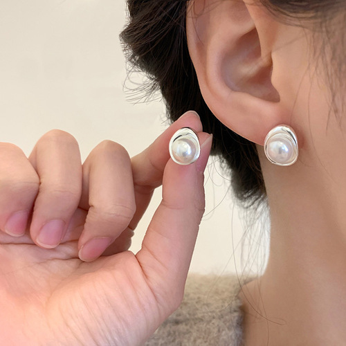 s925 sterling silver freshwater pearl geometric shaped earrings for women summer ins cool style commuting irregular design earrings