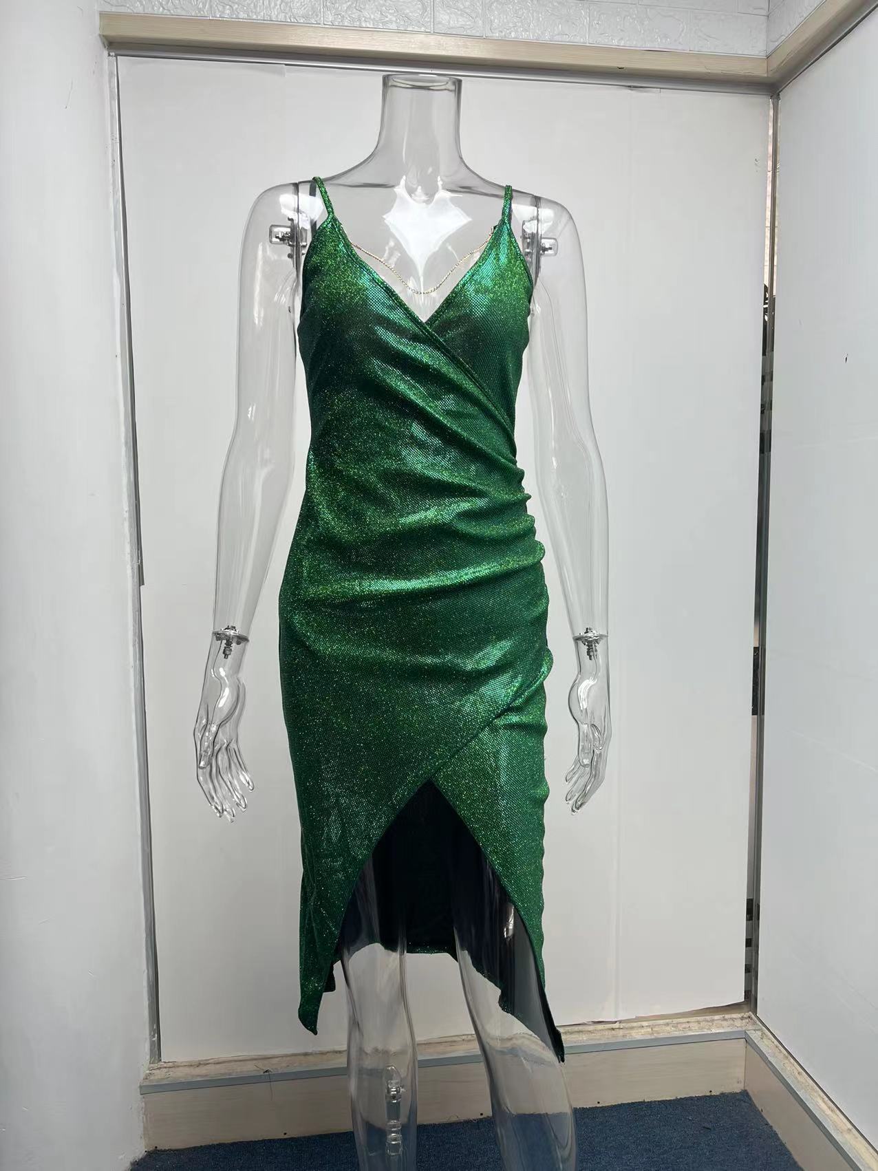 Women Summer Sexy Glitter High Split Slit Deep V Plunge Plunge Strap Dress 5 Women Summer Sexy Glitter High Split Slit Deep V Plunge Plunge Strap Dress