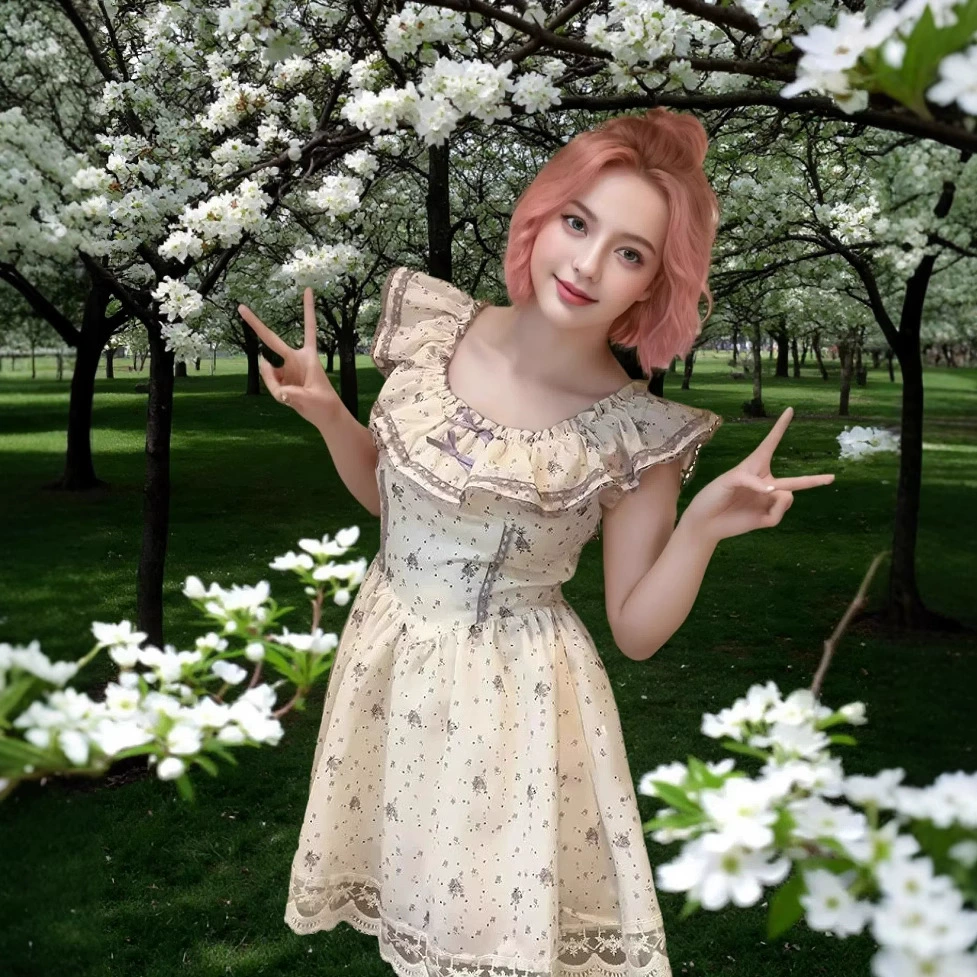 Кросс-бордерное платье 2025 года, новый сладкий стиль, короткий рукав, комбинированное кружевное платье с цветочным принтом, утягивающее талию, омолаживающее, короткая юбка, стиль для внешней торговли