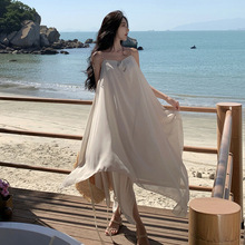 0391欧美跨境外贸女装批发海边度假风旅游拍照V领薄纱宽松连衣裙