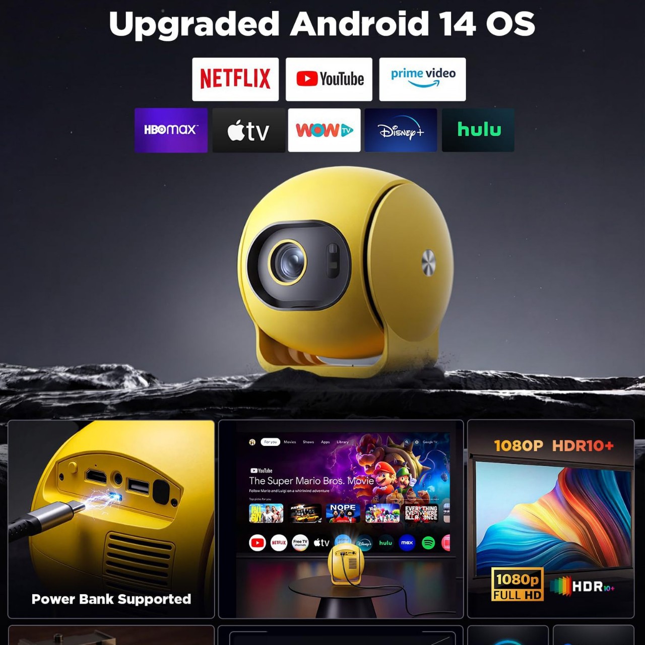 Android 14 Smart Projector with WiFi and Bluetooth, FHD