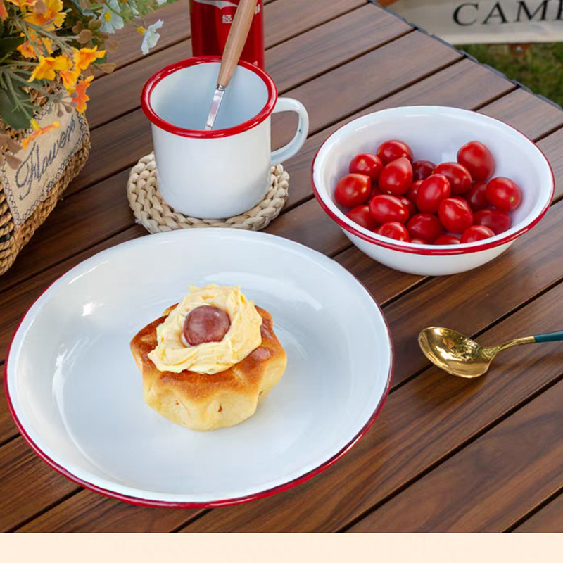 Enamel Bowl Plate Household Simple Plate Cake Plate Outgoing Camping Tableware Afternoon Tea Snack Plate Enamel Cup