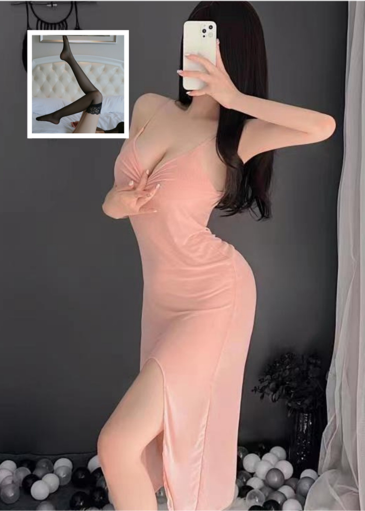 스킨 컬러 (롱 스커트 + T 바지) + 블랙 스타킹