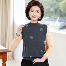 100%纯羊毛无袖打底衫女秋冬新款中老年妈妈毛衣内搭针织坎肩上衣