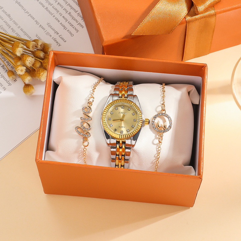 Fashion exquisite gradual gold watch diamond dial batch flower face lady watch wrist two exquisite bracelet/3PCS Fashion exquisite gradual gold watch diamond dial batch flower face lady watch wrist two exquisite bracelet/3PCS