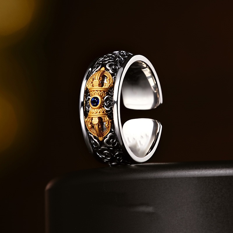 千叶泰银复古做旧金刚杵戒指男藏式创意开口指环创意设计高级感