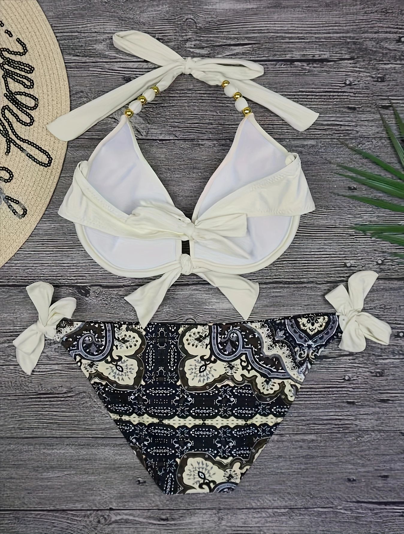 Polyester Fabric Type 2 Pieces Set Quantity Women's Ditsy Floral Solid Color Bow Knot 2 Pieces Set Bikinis Swimwear