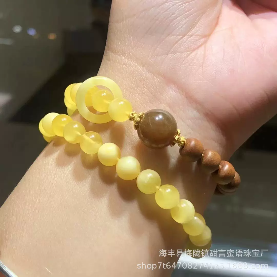 天然原矿俄料蜜蜡搭配老山檀老型珠双圈手串 搭配天然和田玉