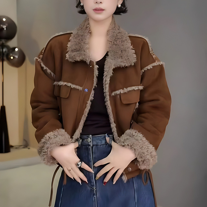 Fashionable Velvet Suede Short Jacket for Women 2025 Winter New Style Lamb Wool Lapel Fur One-Piece Jacket Top
