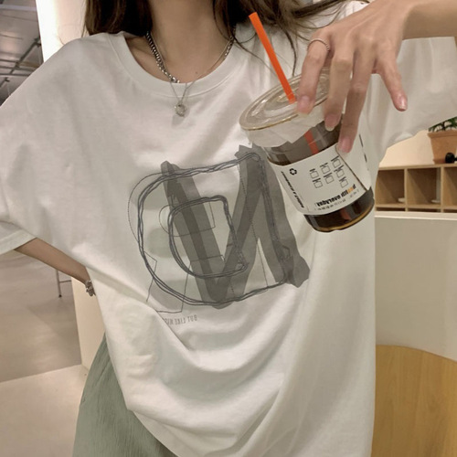 Women's Summer Large Print Short Sleeve T-Shirt Loose Korean Style Versatile Pure Cotton Half-Sleeve Tee Couple's Top