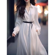 2024年新款女春装搭配一整套时尚衬衫法式长裙海边度假白色连衣裙