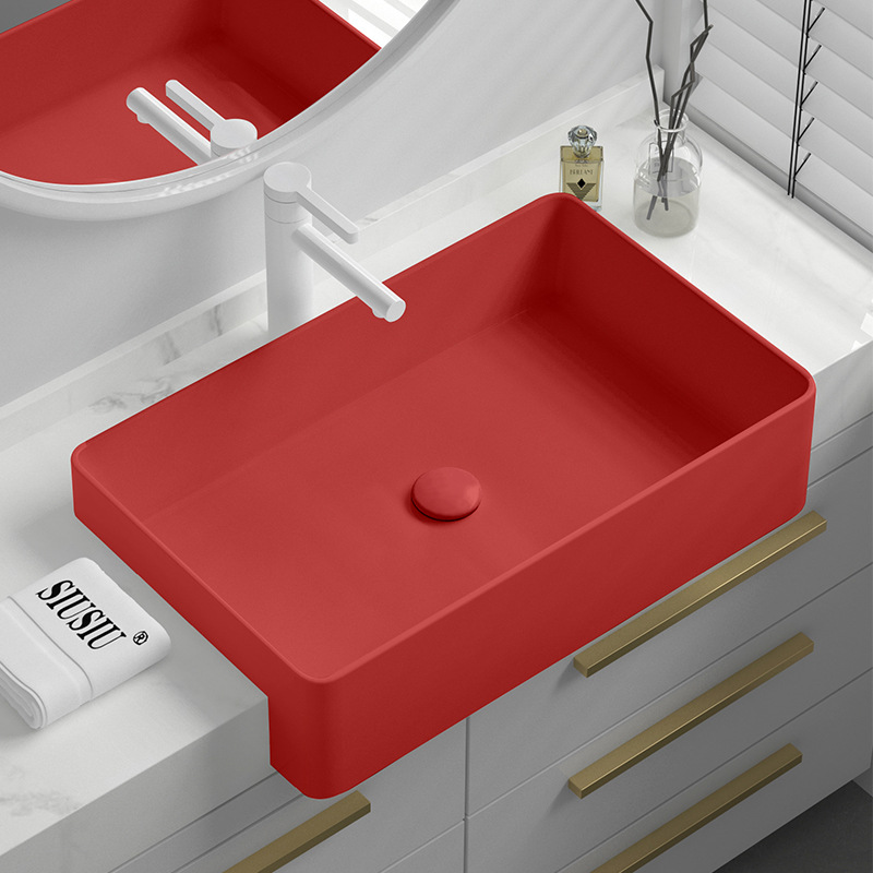 Semi-Embedded Ceramic Countertop Basin, Narrow Red Wash Basin, Small Apartment Wash Basin, Hotel Semi-Hanging Basin
