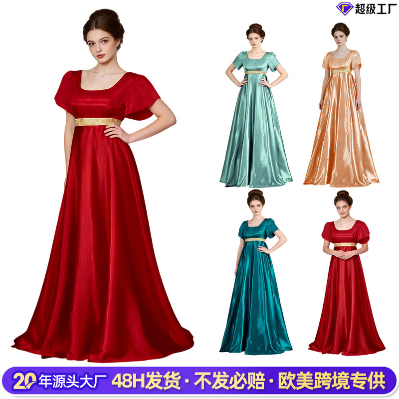 5 Bridgerton Regency Gown Silk Satin Puff Sleeve Long Dress Halloween Victorian Era Cosplay Dress