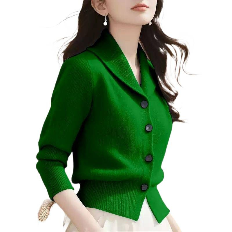 专柜女装毛衣时尚优雅纯色翻领长袖针织开衫女秋冬长袖上衣女|undefined