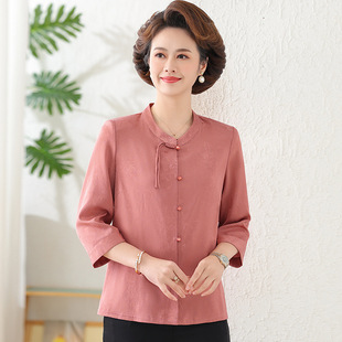 Middle-Aged and Elderly Summer Clothes, Three-Quarter Sleeve Summer Tops, Shirts, New Middle-Aged Chinese Style Mothers Plus Fat Plus Size Grandma Clothes