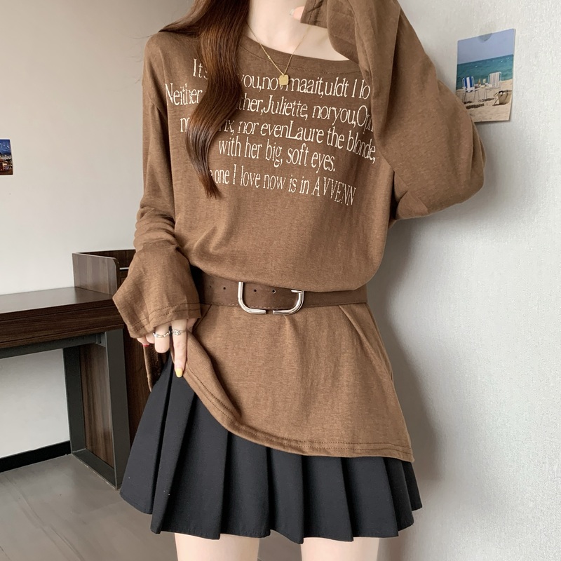 慵懒风斜肩露肩长袖T恤女2025早秋季新款大码胖mm带皮带收腰上衣|undefined