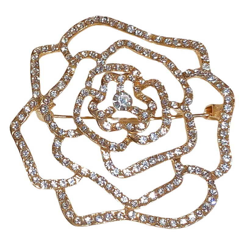 Dulce luz estilo de lujo diamante incrustado hueco flor broche nicho francés de alto grado temperamento suéter pin ramillete para las mujeres