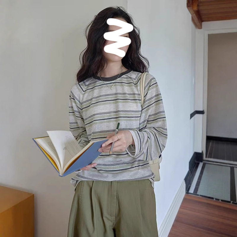 绿色条纹休闲长袖T恤女2025早秋防晒衫罩衫薄款透气宽松复古上衣|undefined